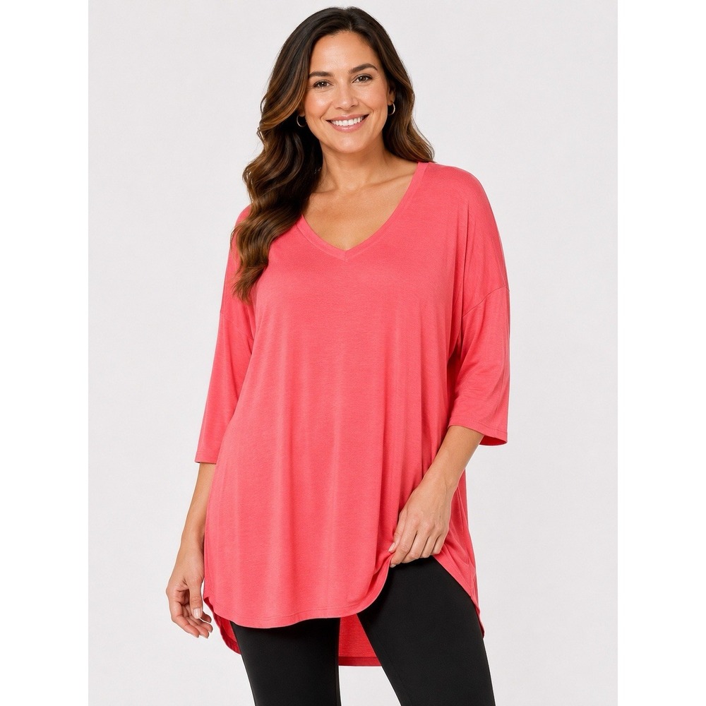Theo & Spence XL Coral Pink V Neck Oversized Tunic Top 3/4 Sleeve Soft Stretch